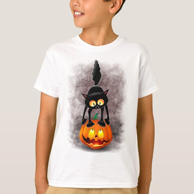 Cat Halloween Scared Cartoon on Pumpkin T-Shirt (Front)