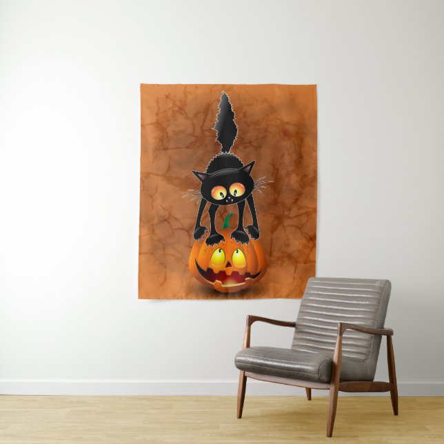 Cat Halloween Scared Cartoon on Pumpkin Tapestry (In Situ)