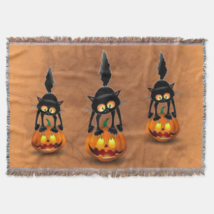 Cat Halloween Scared Cartoon on Pumpkin Throw Blanket