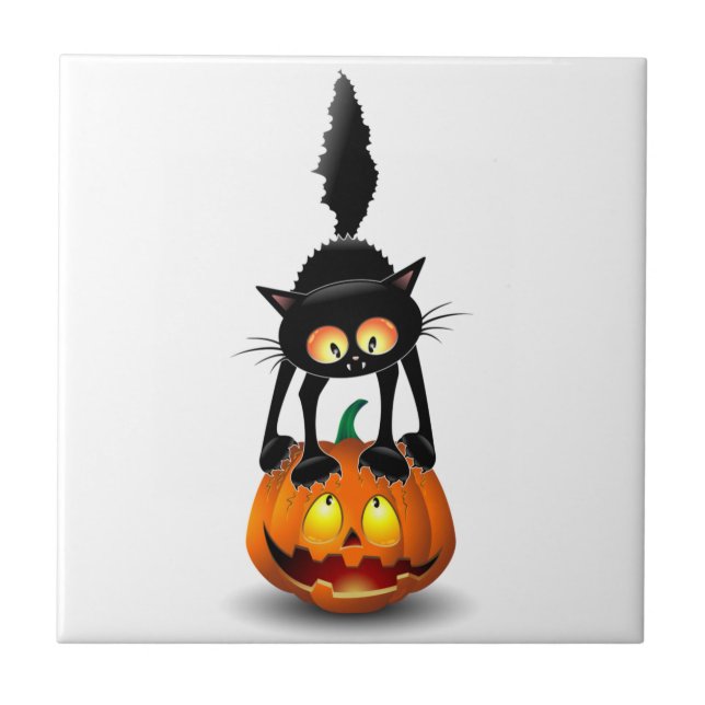 Cat Halloween Scared Cartoon on Pumpkin Tile (Front)