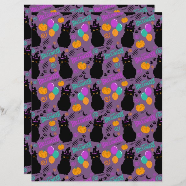 Cat Halloween Scrapbook Paper in Purple (Front/Back)