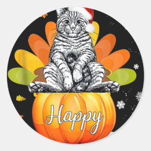 Cat Halloween Thanksgiving Christmas Happy Hallo T Classic Round Sticker