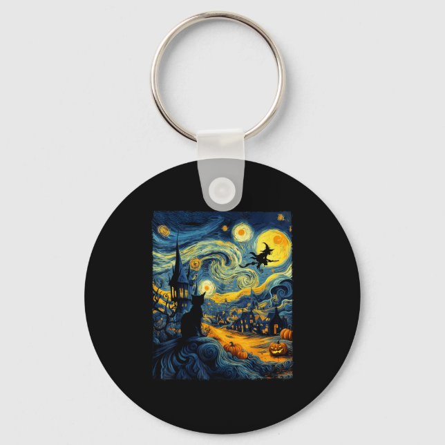 Cat Halloween Van Gogh Starry Night Pumpkin Men Wo Keychain (Front)