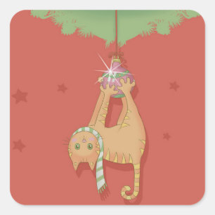 Cat hanging on christmas ball square sticker