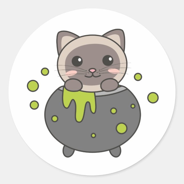 Cat Happy Halloween Cauldron Bat Classic Round Sticker (Front)