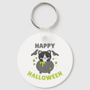 Cat Happy Halloween Cauldron Bat Keychain
