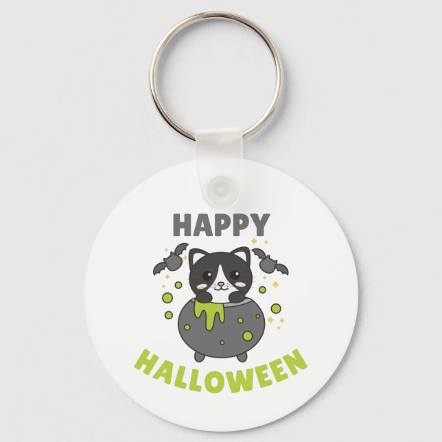 Cat Happy Halloween Cauldron Bat Keychain (Front)