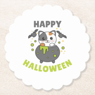 Cat Happy Halloween Cauldron Bat Paper Coaster