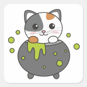 Cat Happy Halloween Cauldron Bat Square Sticker