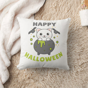 Cat Happy Halloween Cauldron Bat Throw Pillow