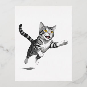 Cat Happy Playful Fun Jumping In The Air Joyful Foil Holiday Postcard