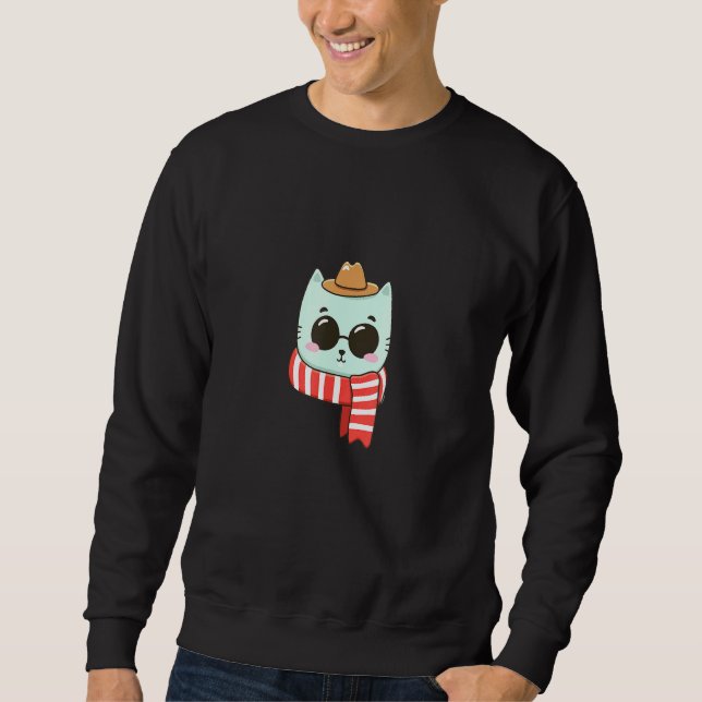 Cat Hat Scarf Glasses Face Head Feline Sweatshirt (Front)