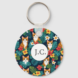 Cat Hawaiian shirt style pattern tropical ginger Keychain