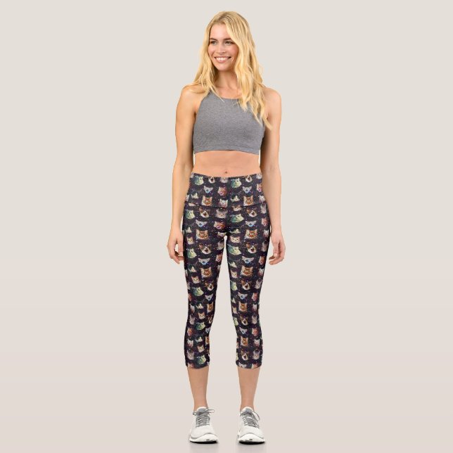 Cat Heads in Outer Space Funny Galaxy Pattern Capri Leggings (Front)