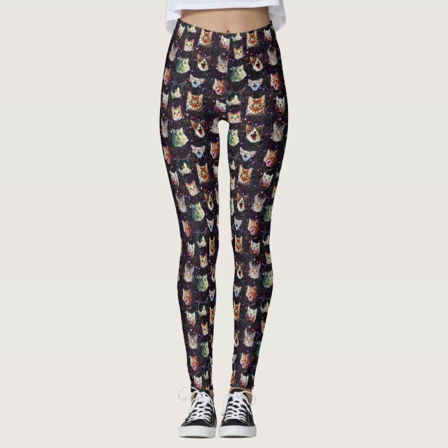 Cat Heads in Outer Space Funny Galaxy Pattern Leggings (Front)