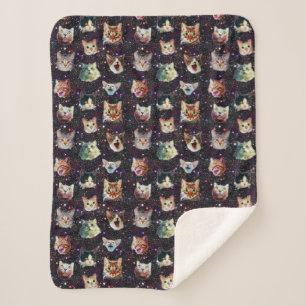 Cat Heads in Outer Space Funny Galaxy Pattern Sherpa Blanket