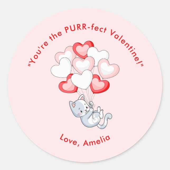 Cat Heart Personalized Valentine's Day Classic Round Sticker (Front)