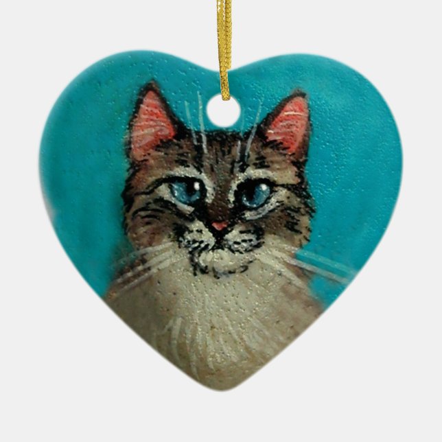 Cat Heart-Shaped Christmas or Valentine Ceramic Ornament (Front)