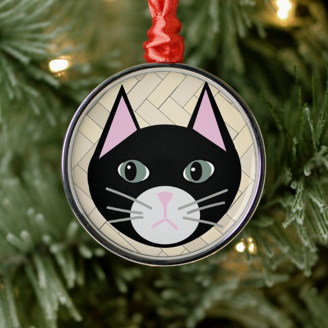Cat herringbone beige metal ornament (Tree)
