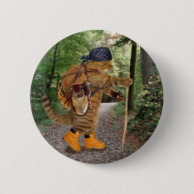 Cat hiker with backpack 2 inch round button (Front)