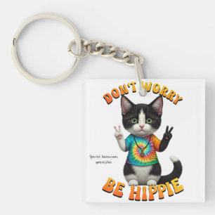 Cat Hippie Boho Peace Groovy Personalize Custom Keychain