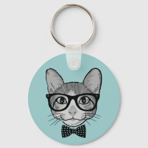 Cat Hipster with Polka Dots Bow Tie Keychain