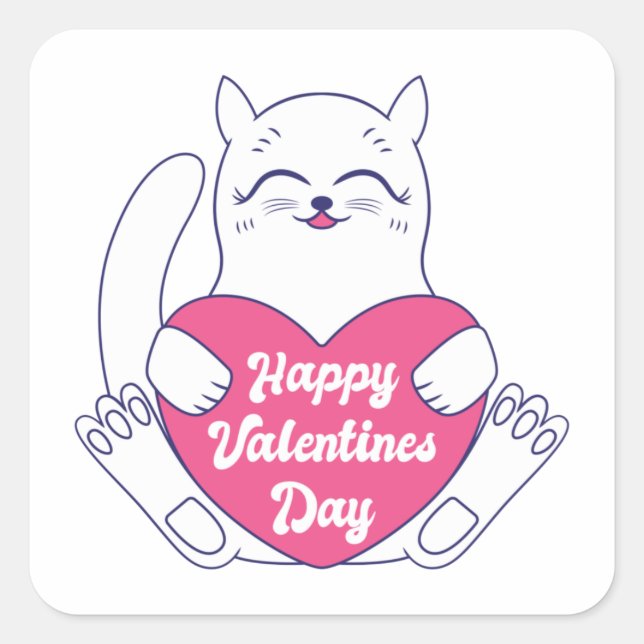 Cat Holding Heart Happy Valentines Day Square Sticker (Front)