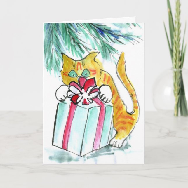 Cat Holiday attacking the Presents, Sumi-e Card (Front)