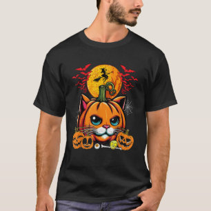 Cat Horror Carved Pumpkin Face Halloween Costume O T-Shirt