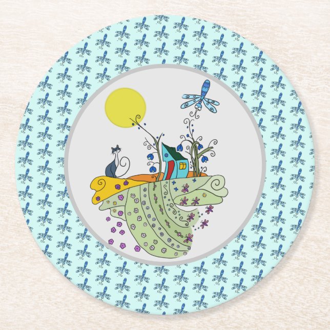 cat house round paper coaster (Front)