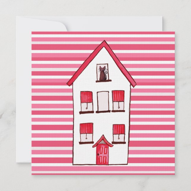 Cat House Striped Home Housewarming Invite (Front)