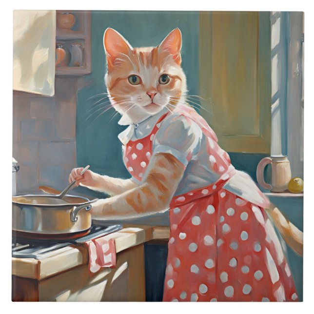 Cat housewife cooking dinner tile (Front)