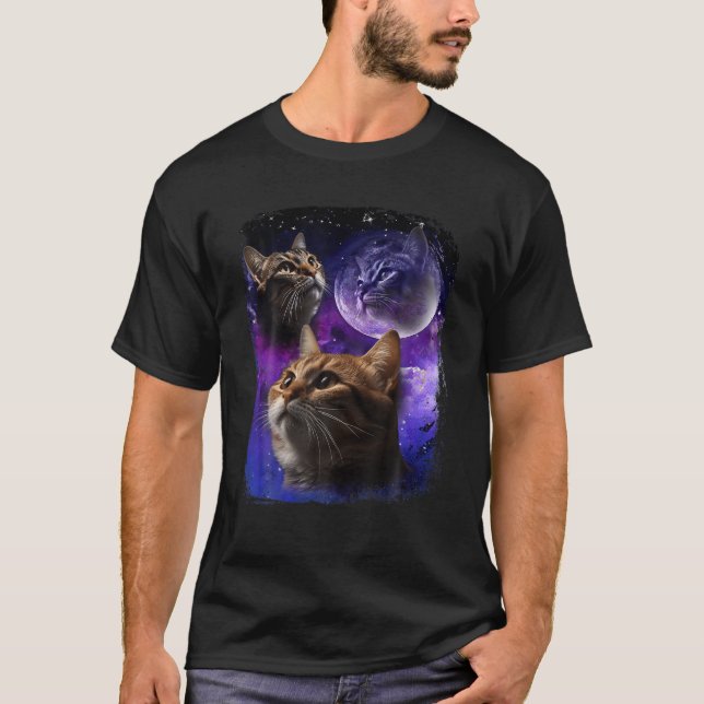 Cat Howling at Moon Galaxy Funny Three Cats Howl w T-Shirt (Front)