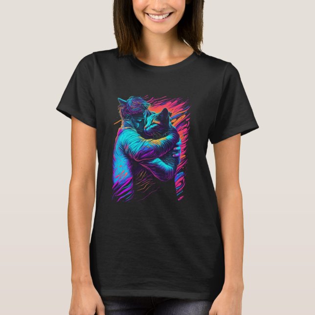 Cat Hug Colourful Psychedelic Art T-Shirt (Front)