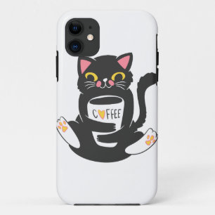 Cat hugging a coffee mug - Choose background colo iPhone 11 Case