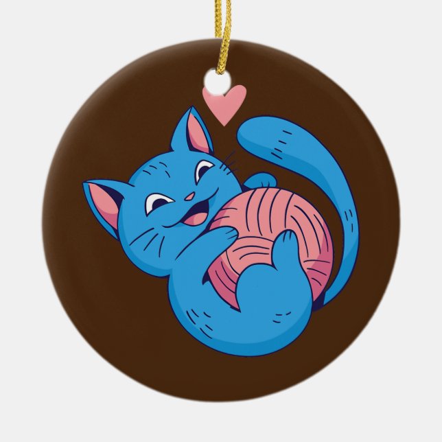 Cat hugs yarn ball Cat lover Knitting Crocheting Ceramic Ornament (Front)