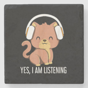 Cat I Am Listening Headphones Gift Stone Coaster