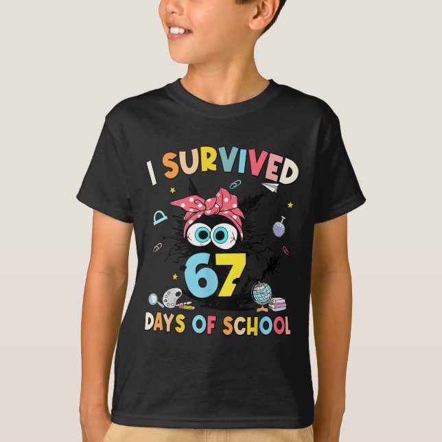 Cat I Survived 67 Days Of School Teachers Students T-Shirt (Front)