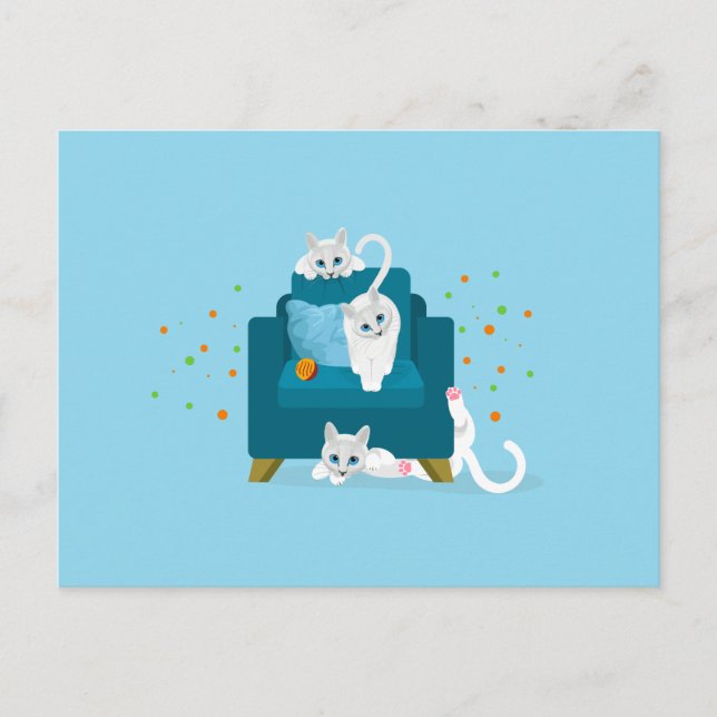 Cat illustration - 3 white cats up to mischief postcard (Front)