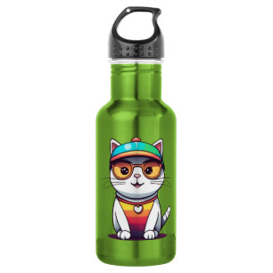Cat Illustration with glasses 532 Ml Water Bottle
