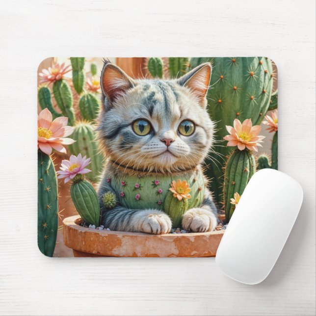 Cat In a Cactus Flower Pot Mouse Pad (With Mouse)