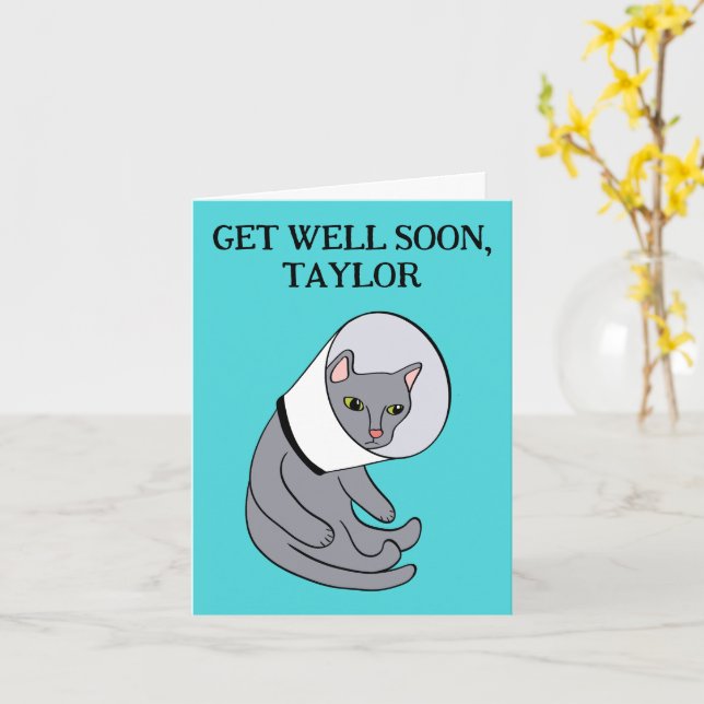 Cat in a Cone Collar Personalized Get Well Card (Yellow Flower)