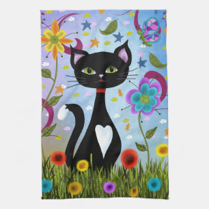 Cat In A Garden Abstract Art Kitchen Towel