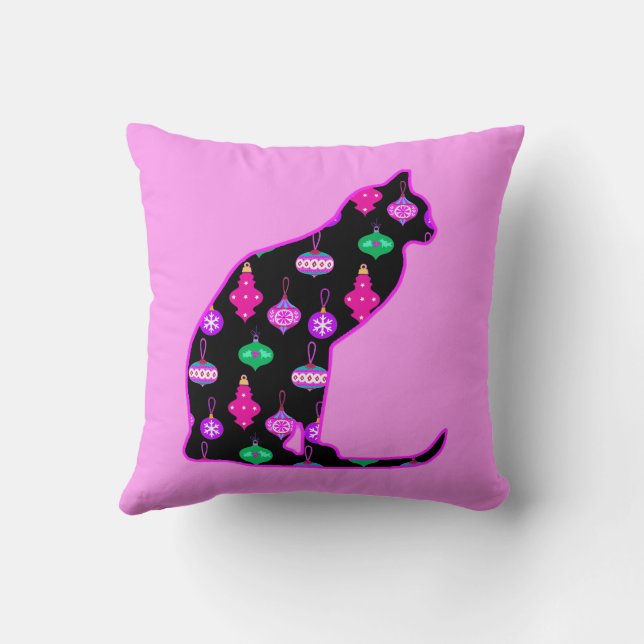 Cat in a Pattern of Christmas Ornaments Throw Pillow (Back)