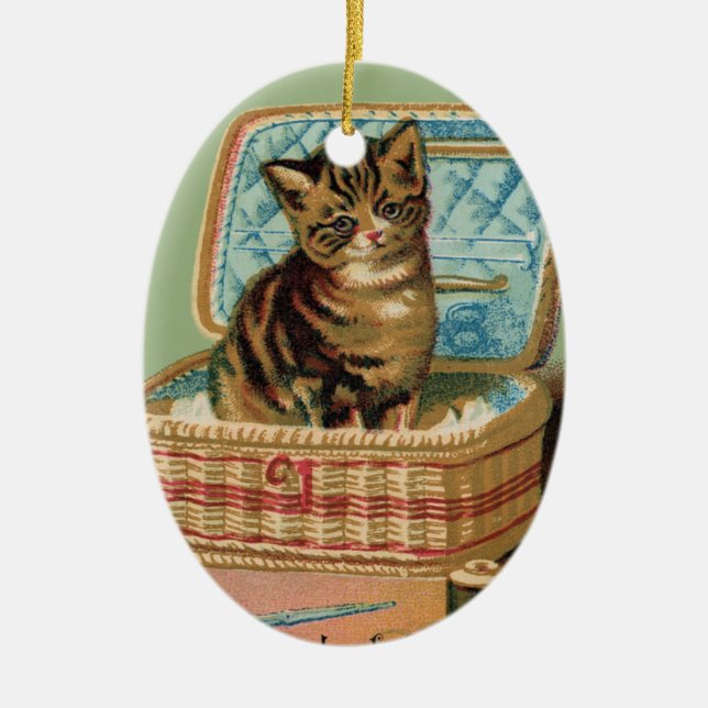 Cat in a Sewing Basket Ceramic Ornament (Front)