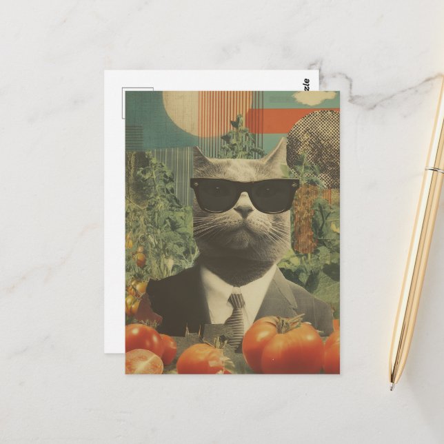 Cat in a Suit in a Tomato Garden Postcard (Front/Back In Situ)