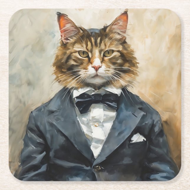 Cat in a Suit Square Paper Coaster (Front)