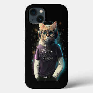 Cat in a t-shirt, headphones and glasses iPhone 13 case