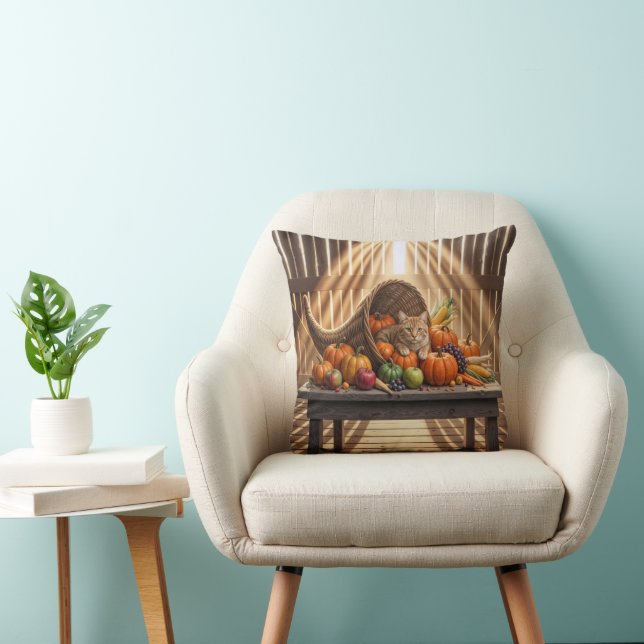 Cat In a Thanksgiving Cornucopia Throw Pillow (Chair)