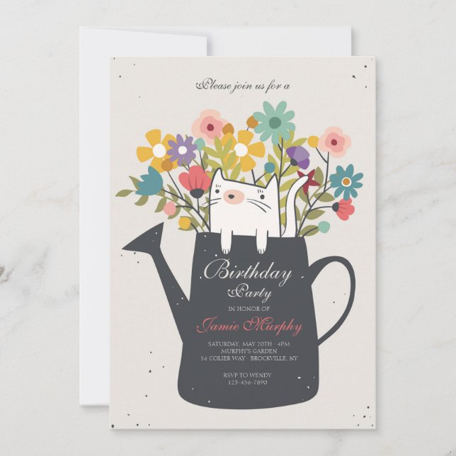 Cat In A Watering Can Invitation (Front)